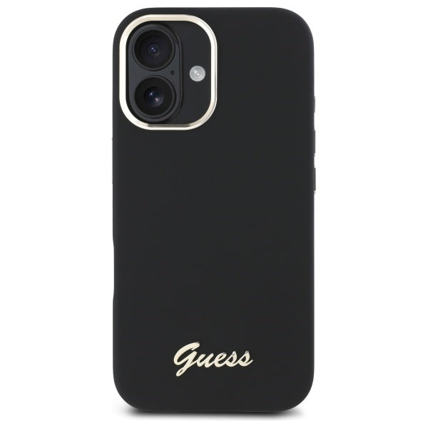 Guess Silicone Script Metal Logo & Frame Case til iPhone 16 Plus - sort