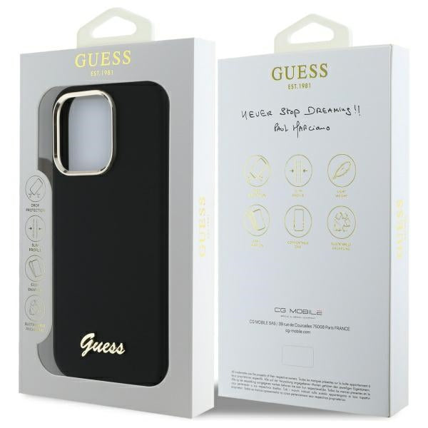 Guess Silicone Script Metal Logo & Frame Case til iPhone 16 Pro Max - sort