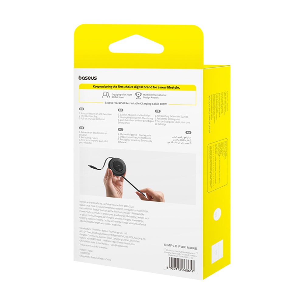 Baseus Free2Pull Mini 100W Retractable USB-C-kabel - USB-C 2m - sort