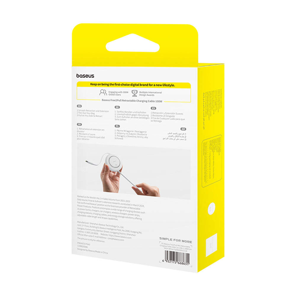 Baseus Free2Pull Mini 100W Retractable USB-C-kabel - USB-C 2m - hvid