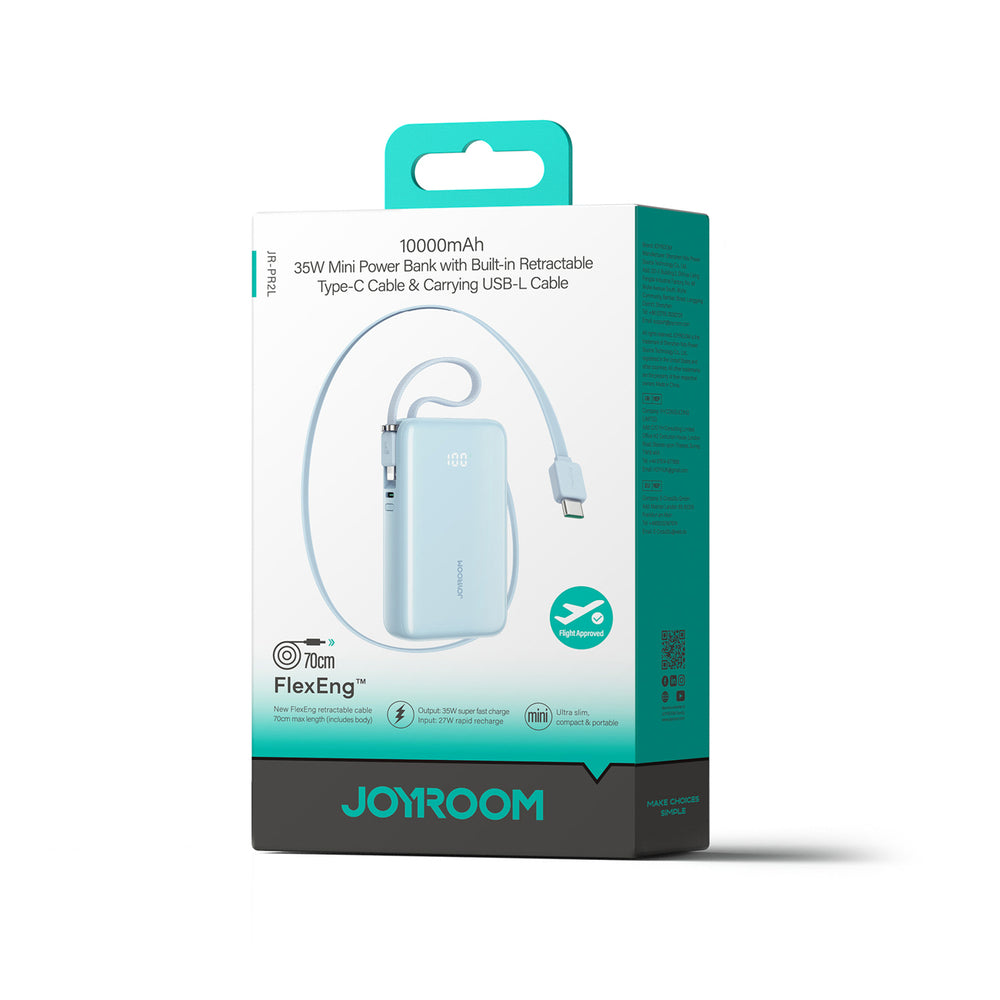 Joyroom JR-PR2L 10000mAh 35W Power Bank med indbygget inddrageligt USB-C-kabel og Lightning Lanyard-kabel - Blå