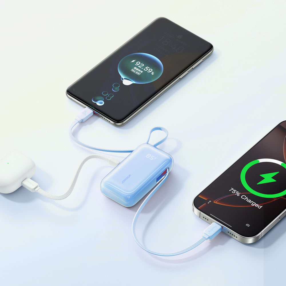 Joyroom JR-PR2L 10000mAh 35W Power Bank med indbygget inddrageligt USB-C-kabel og Lightning Lanyard-kabel - Blå
