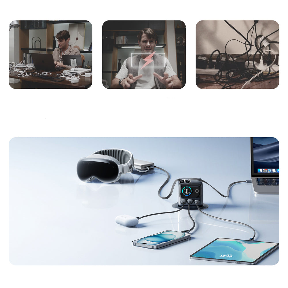 Joyroom Podix JR-TRD01 GaN 140W Desktop oplader med 5 porte og dobbelt indtrækbare kabler - Grå