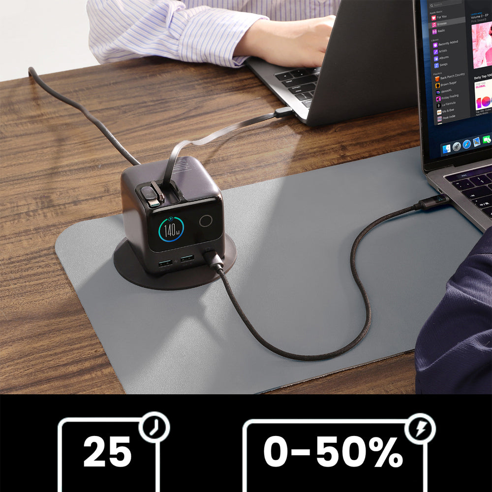 Joyroom Podix JR-TRD01 GaN 140W Desktop oplader med 5 porte og dobbelt indtrækbare kabler - Grå