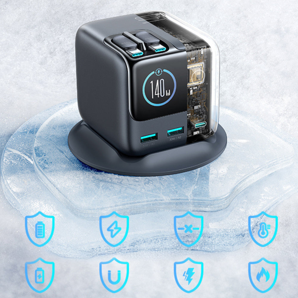 Joyroom Podix JR-TRD01 GaN 140W Desktop oplader med 5 porte og dobbelt indtrækbare kabler - Grå