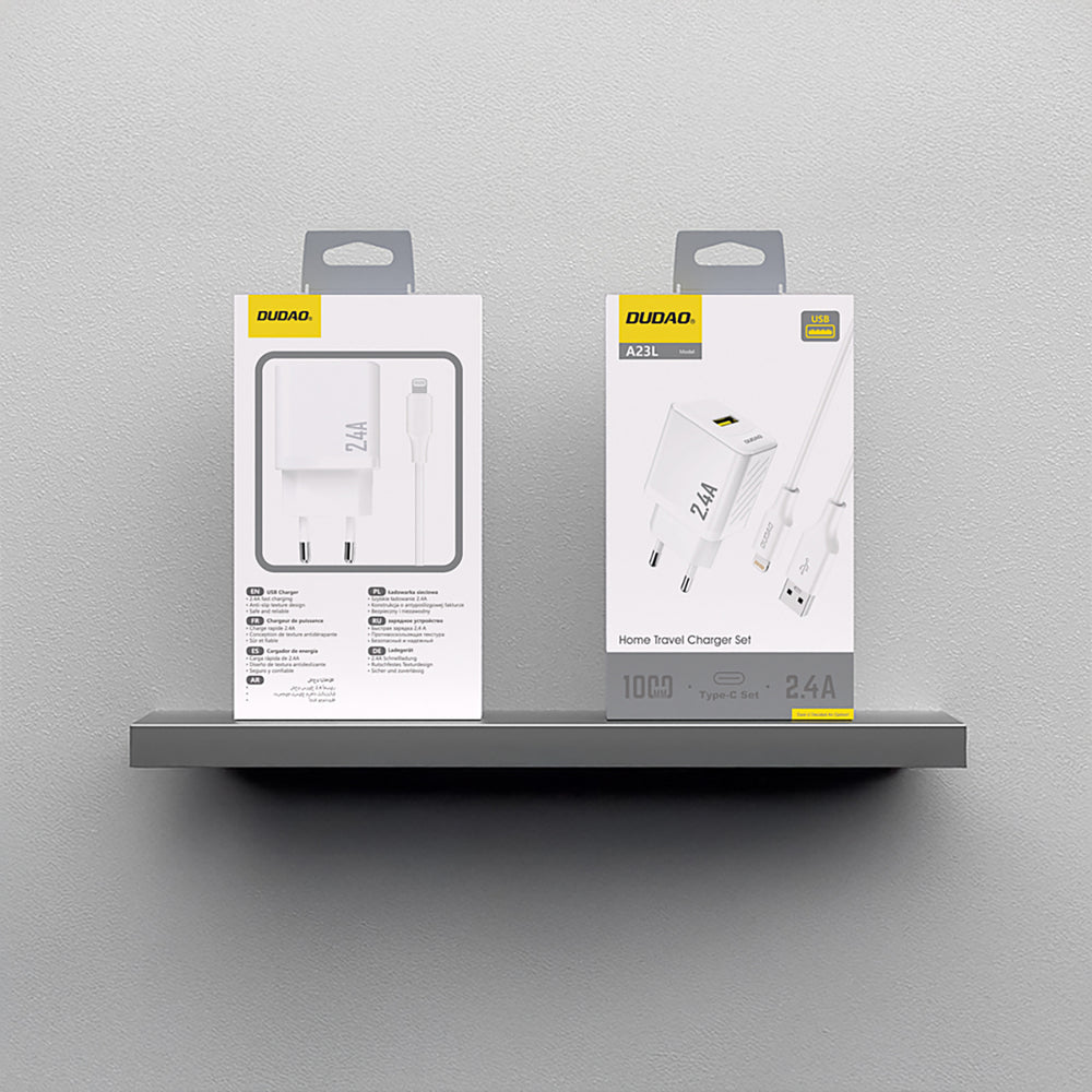 Dudao A23LEU 2.4A GaN EU USB-A Wall Charger med USB-A til Lightning Cable - hvid