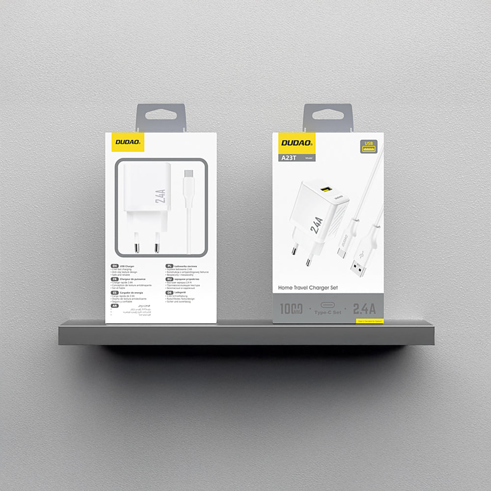 Dudao A23TEU 2.4A GaN USB-A Wall Charger med USB-A - USB-C-kabel - hvid