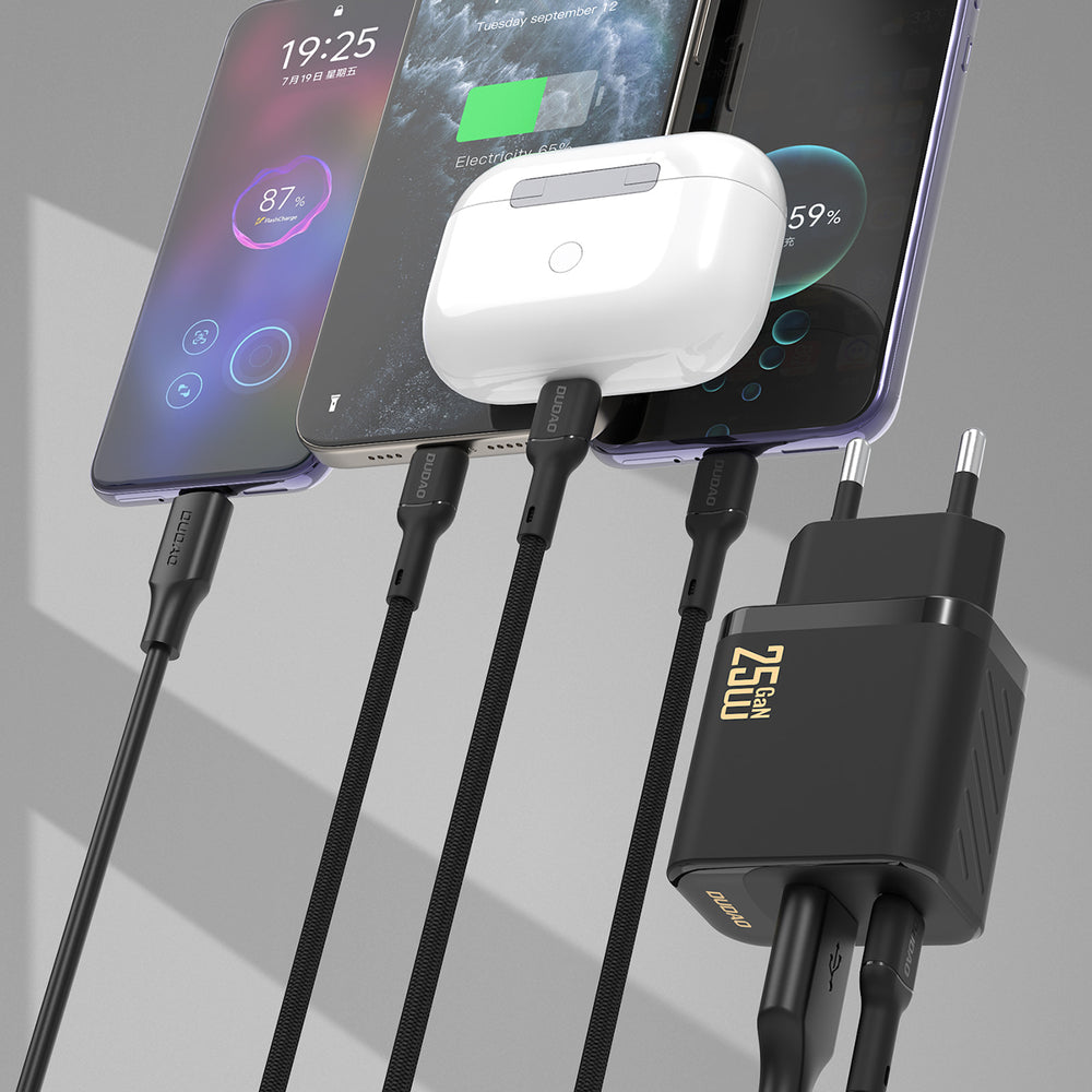 Dudao A26TCEU PD QC 25W GaN USB-A USB-C Wall Charger med USB-C-kabel - sort