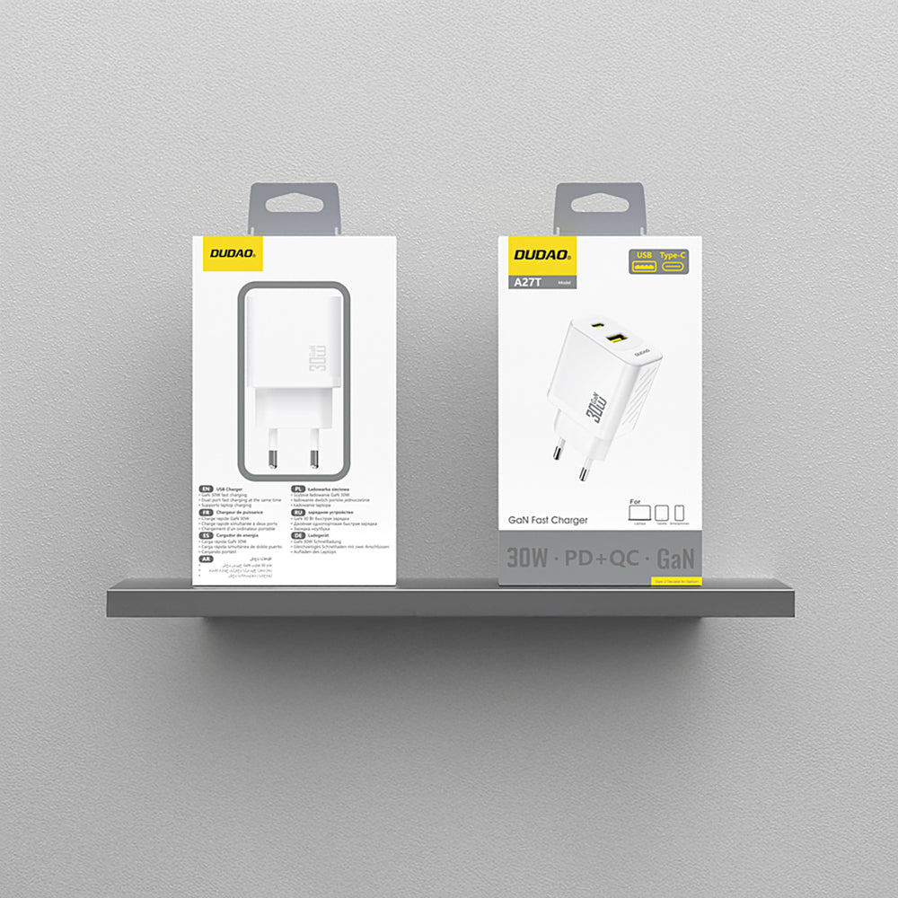 Dudao A27TEU PD 30W GaN USB-A USB-C Wall Charger - hvid