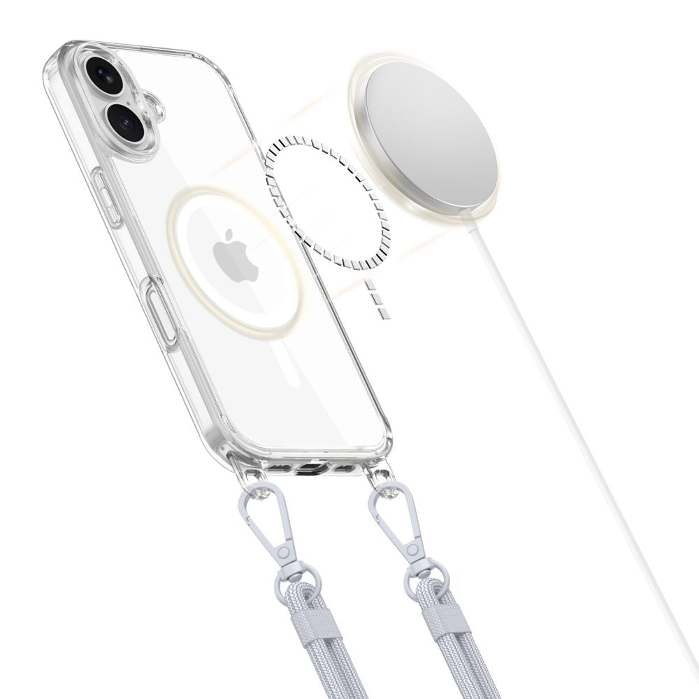 Tech-Protect Flexair Chain MagSafe Case til iPhone 16 - Clear + 2 Lanyards (Pink og Grå)