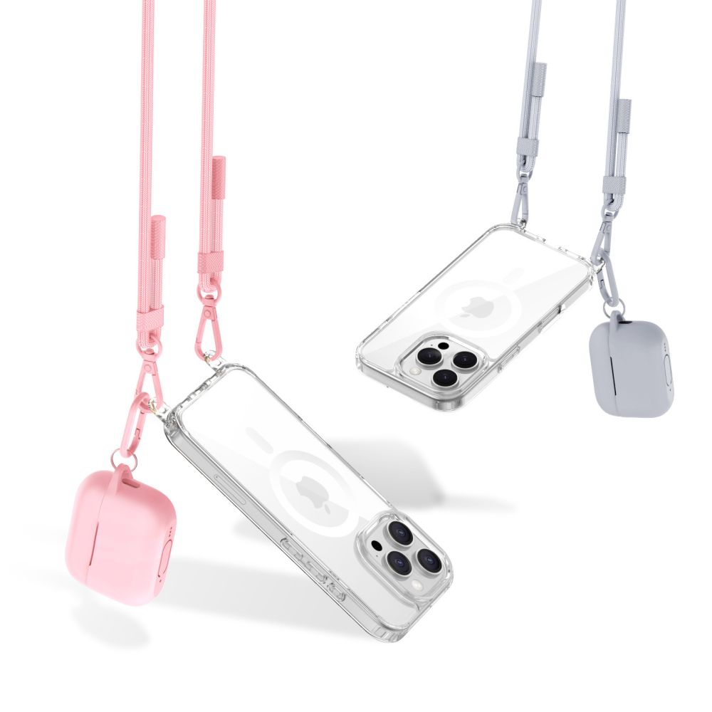 Tech-Protect Flexair Chain MagSafe Case til iPhone 16 Pro - Clear + 2 Lanyards (Pink og Grå)
