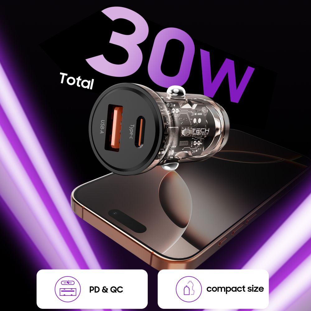 Tech-Protect CC01 30W 2-Port USB-A / USB-C Biloplader - sort