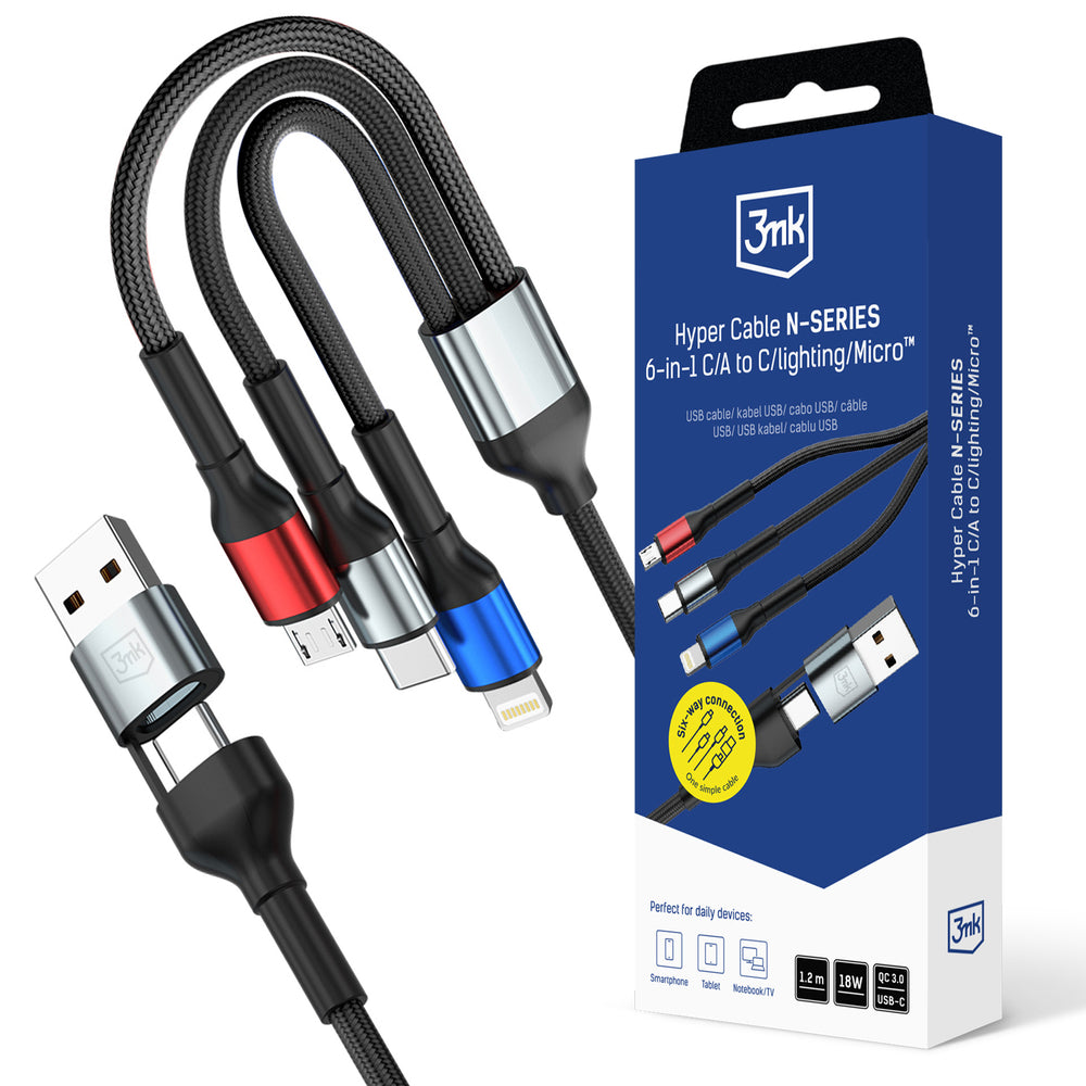 3mk Hyper Cable N-SERIES 6 i 1 USB-C / USB-A til USB-C / Lightning / Micro 1.2m QC 3.0 9V / 2A 18W - sort