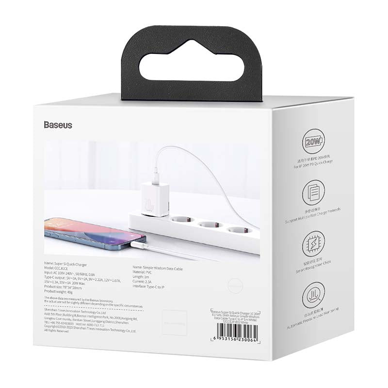 Baseus Super Si Quick Charger 1C 20W med USB-C kabel til Lightning 1m (hvid)