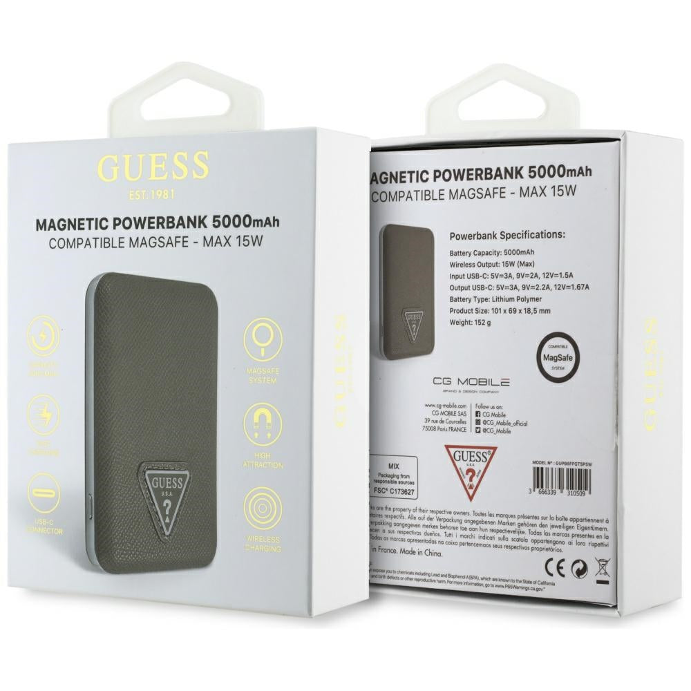 Guess Grained Triangle Power Bank med MagSafe 5000mAh 15W USB-C - Brunt