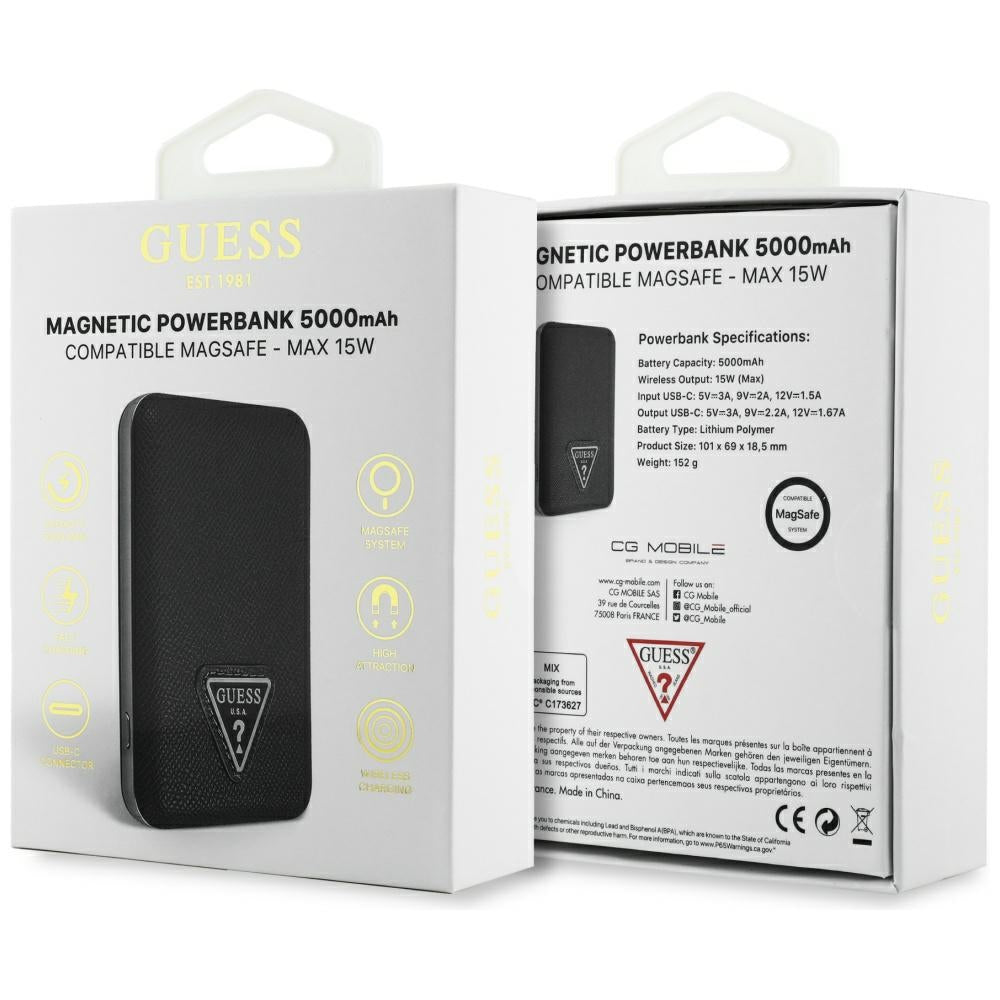 Guess Grained Triangle Powerbank med MagSafe 5000mAh 15W USB-C - sort