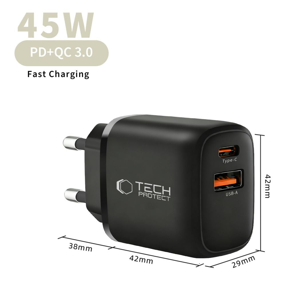 Tech-Protect NCA45W-GAN 2-Port USB-C / USB-A 45W Wall Charger - sort
