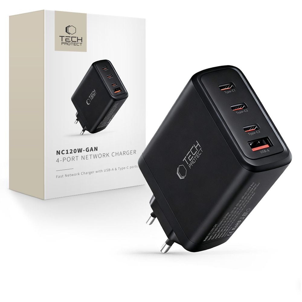 Tech-Protect NC120W-GAN 4-port 120W vægoplader - sort