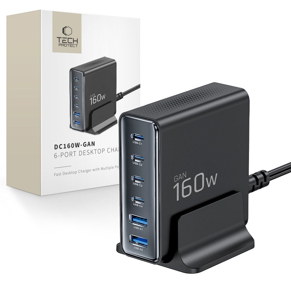 Tech-Protect DC160W-GAN 6-port 160W vægoplader - sort