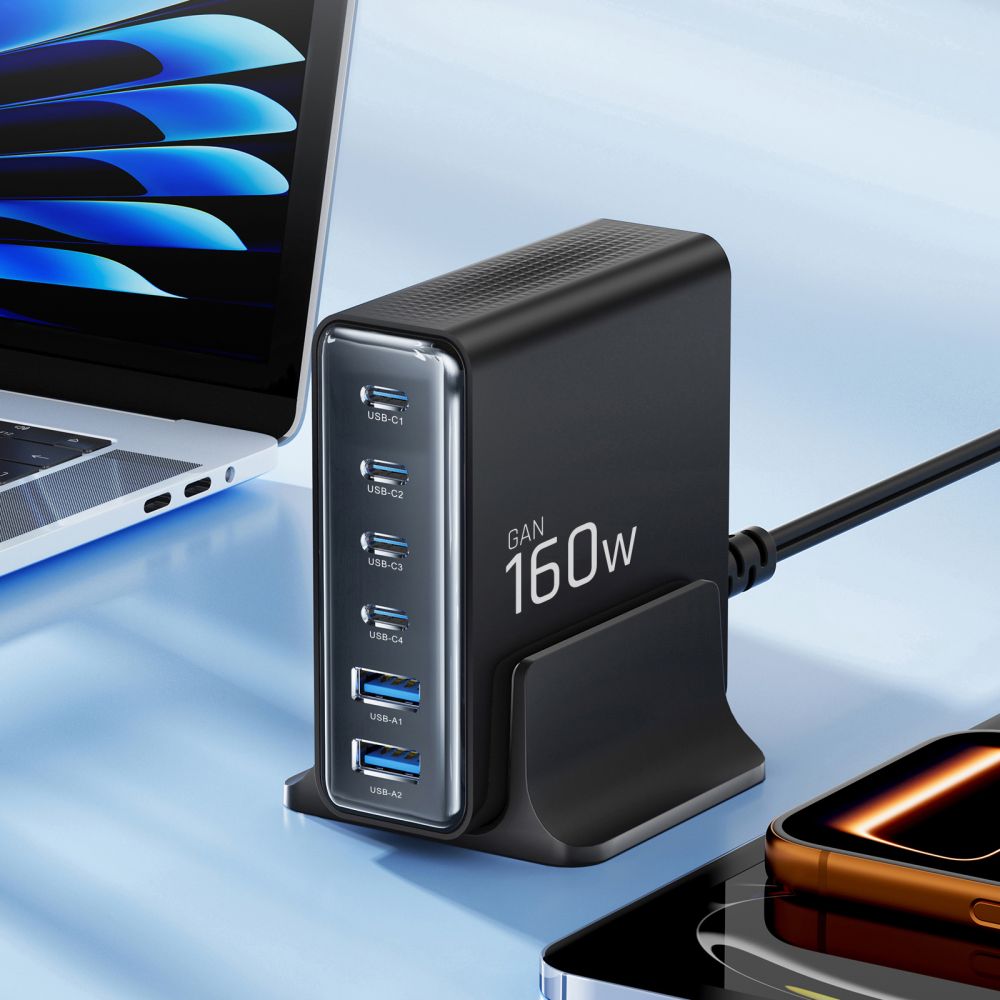 Tech-Protect DC160W-GAN 6-port 160W vægoplader - sort