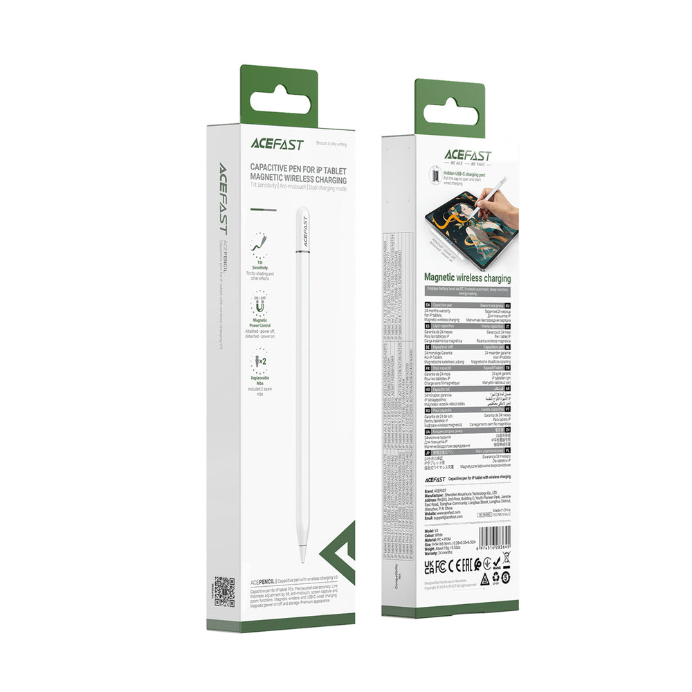 Acefast V3 Capacitive Stylus for iPad with Wireless Charging and 2 Interchangeable Tips - White
