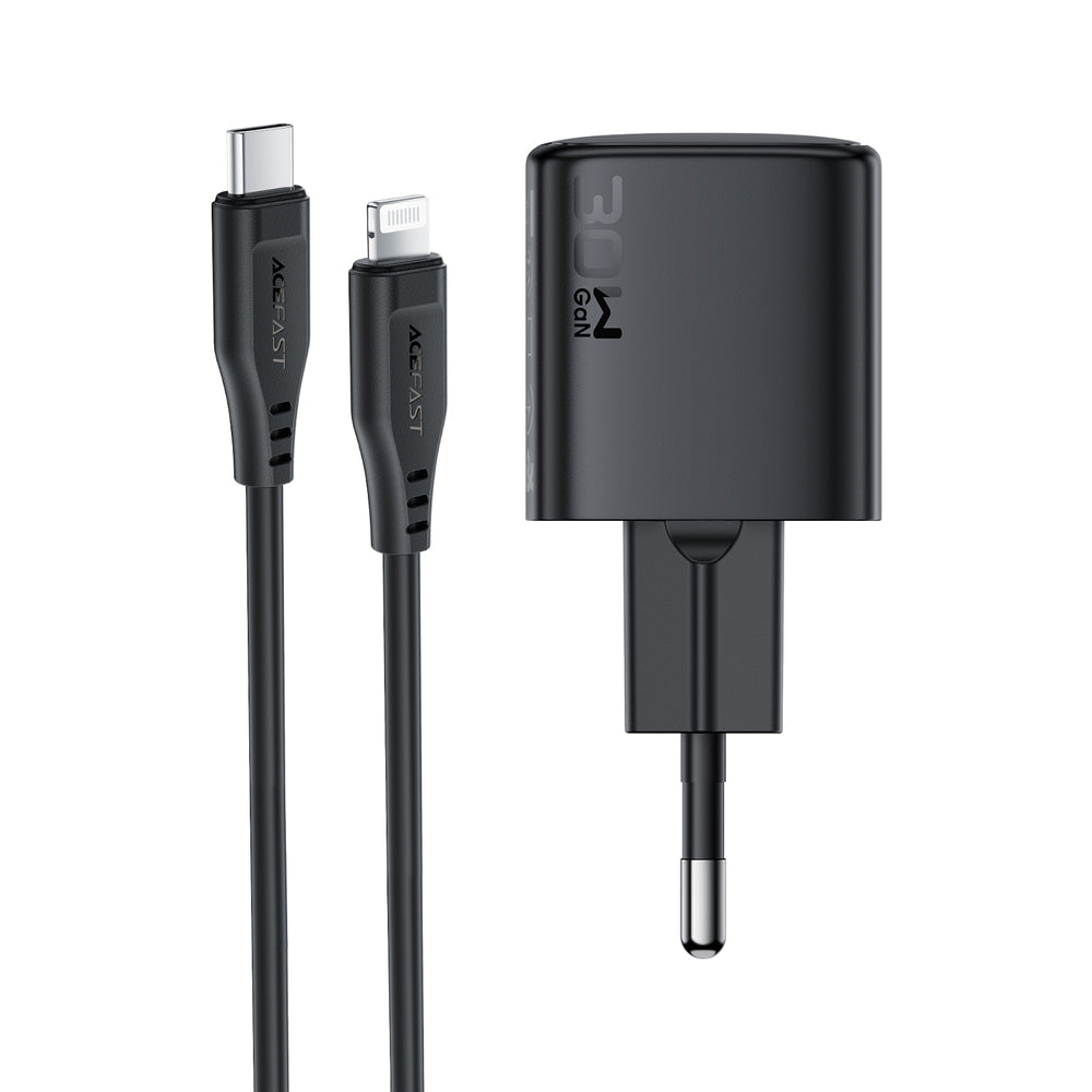 Acefast A118 30W GaN USB-C Wall Charger with 1.2m USB-C to Lightning Cable - Black