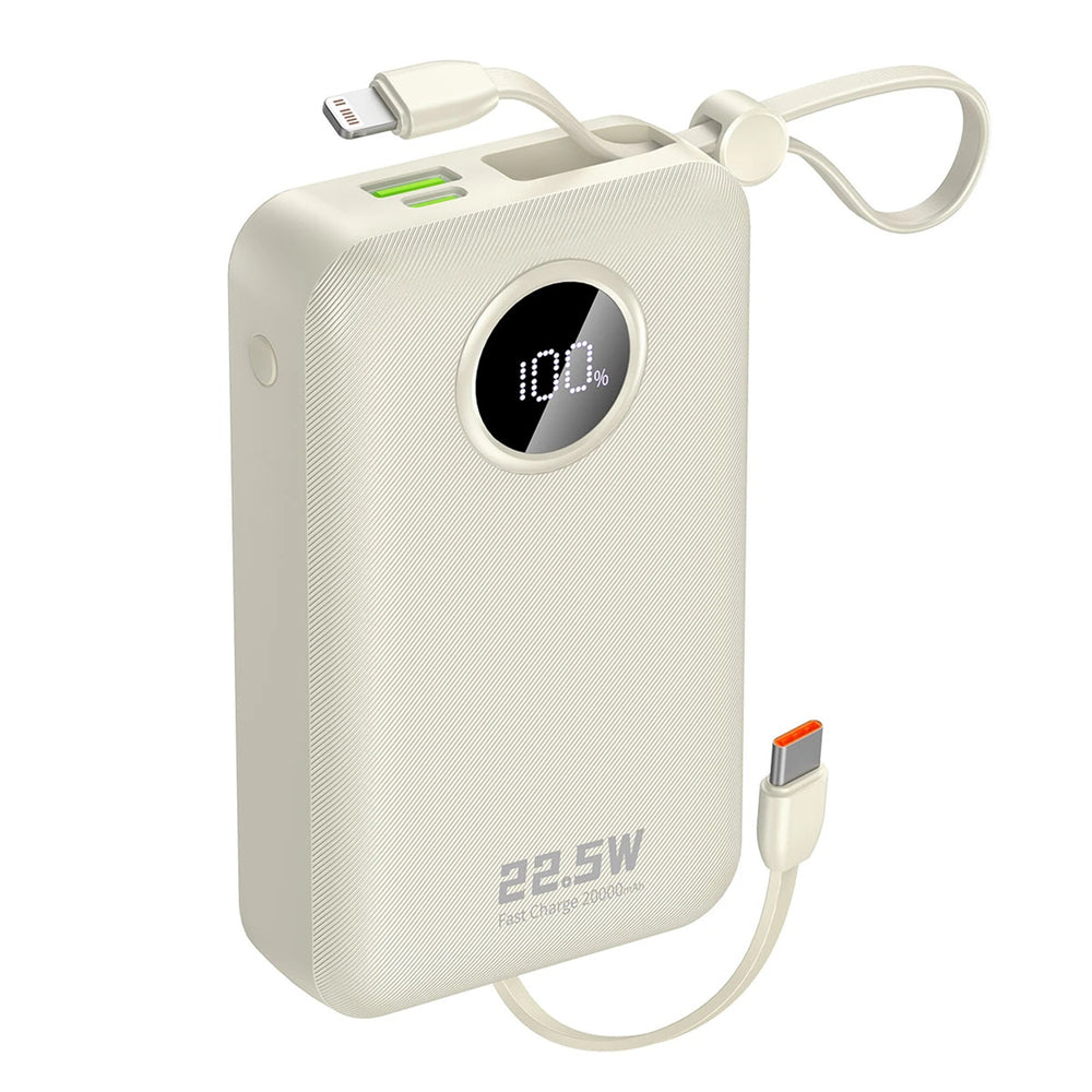 Dudao K14+ Powerbank 20000mAh 22,5W USB-C / USB-A / Indbygget Lightning og USB-C Kabler - Hvid