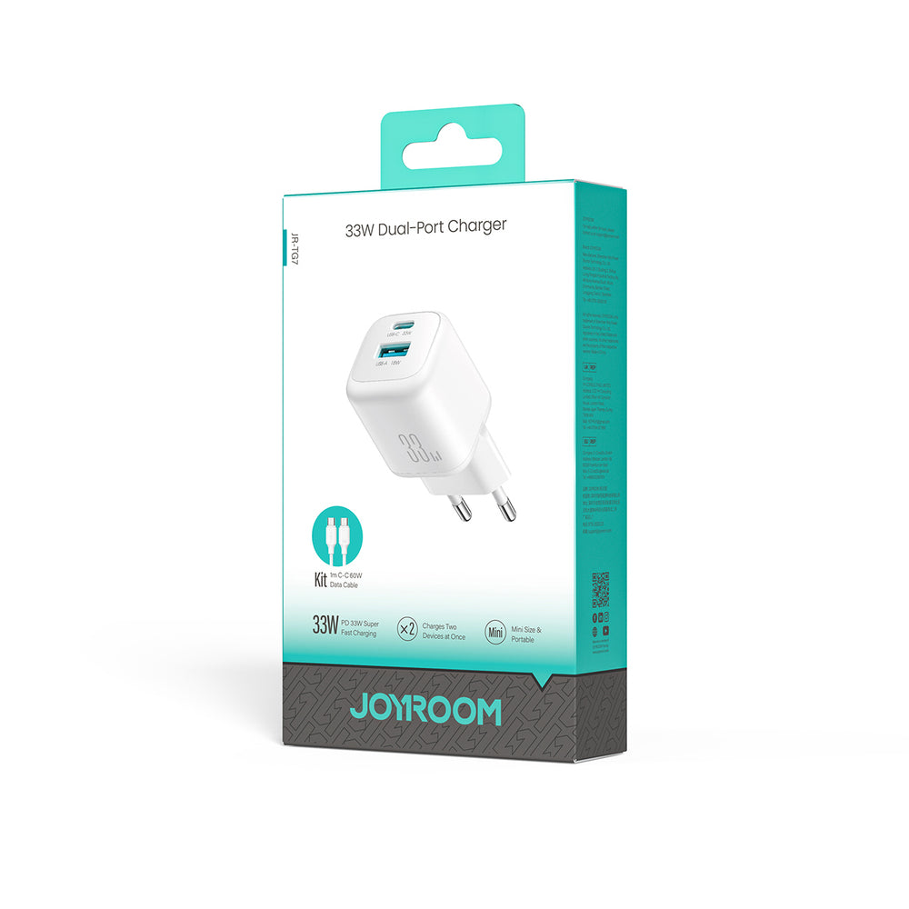 Joyroom JR-TG7 33W USB-A + USB-C Wall Charger med 60W USB-C til USB-C 1m Kabel - Hvid