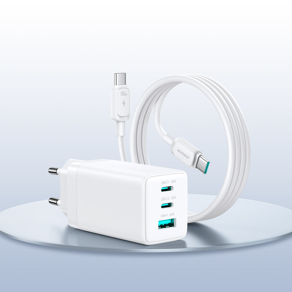 Joyroom JR-TG10 65W GaN 2x USB-C + USB-A vægoplader med 100W USB-C - USB-C 1,2m kabel - hvid