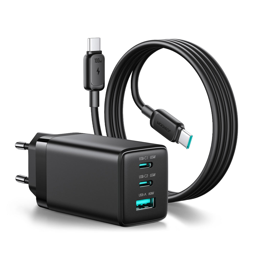 Joyroom JR-TG10 65W GaN 2x USB-C + USB-A vægoplader med 100W USB-C - USB-C 1,2m kabel - sort