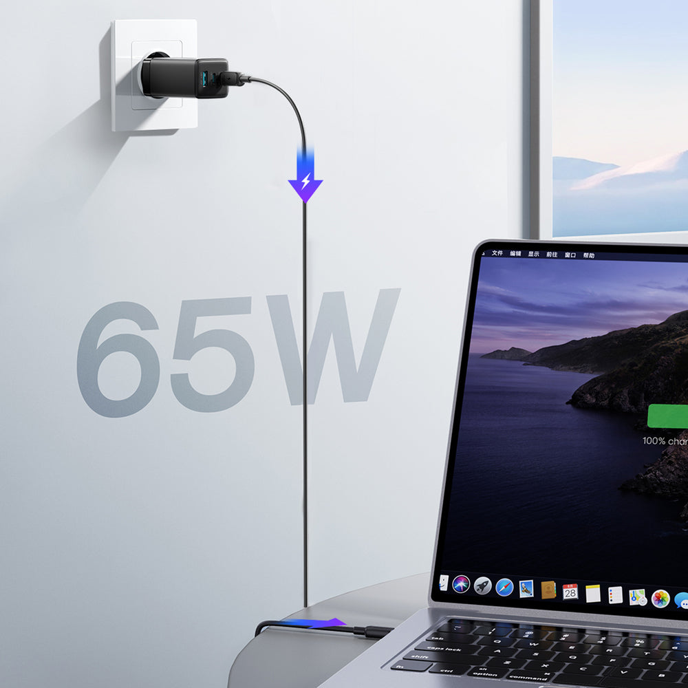 Joyroom JR-TG10 65W GaN 2x USB-C + USB-A vægoplader med 100W USB-C - USB-C 1,2m kabel - sort