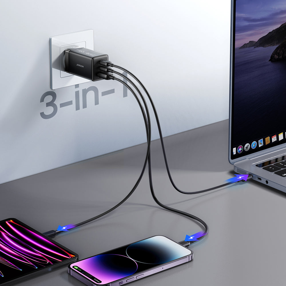 Joyroom JR-TG10 65W GaN 2x USB-C + USB-A vægoplader med 100W USB-C - USB-C 1,2m kabel - sort
