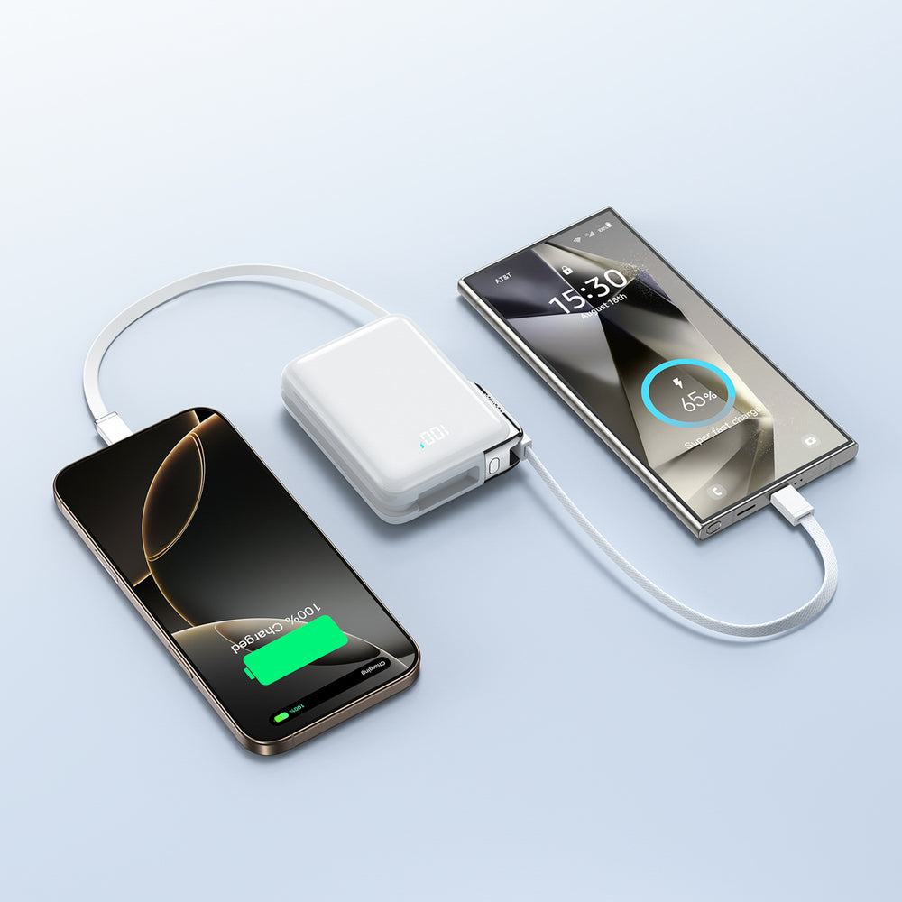Joyroom JR-PBF27 Pro 10000mAh 30W Power Bank med indbygget USB-C-kabel og ekstra tovejs USB-C til Lightning-kabel - hvid
