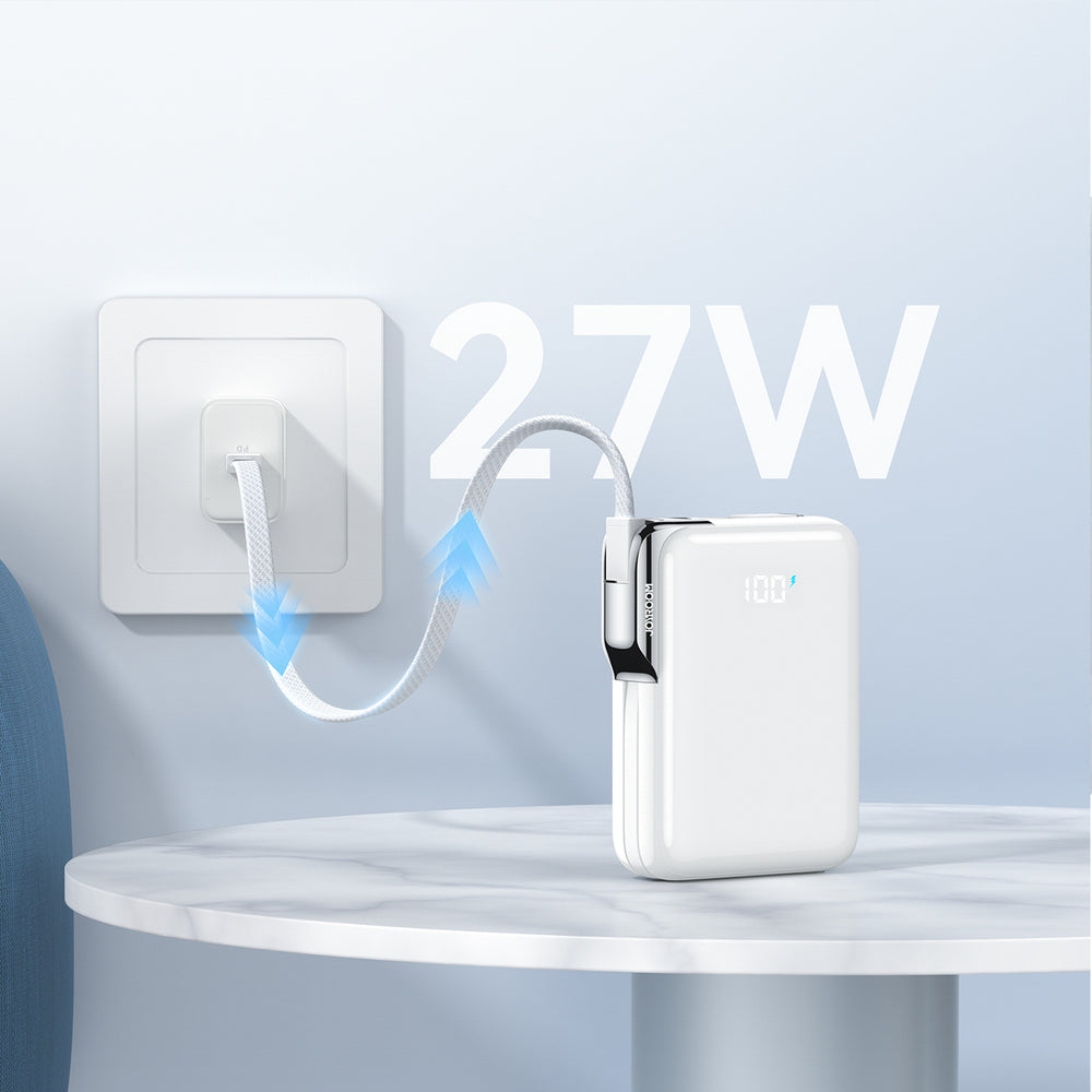 Joyroom JR-PBF27 Pro 10000mAh 30W Power Bank med indbygget USB-C-kabel og ekstra tovejs USB-C til Lightning-kabel - hvid
