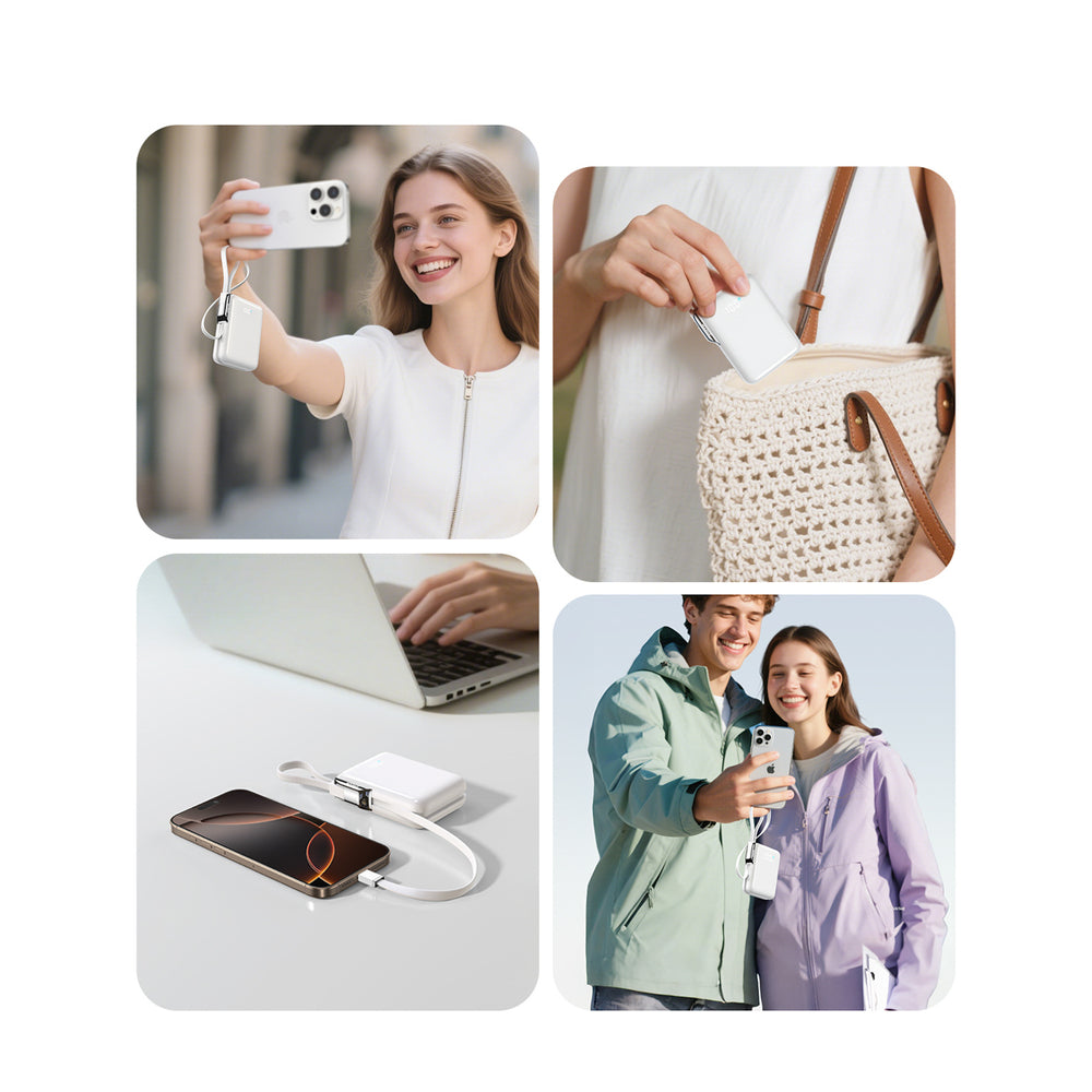 Joyroom JR-PBF27 Pro 10000mAh 30W Power Bank med indbygget USB-C-kabel og ekstra tovejs USB-C til Lightning-kabel - hvid