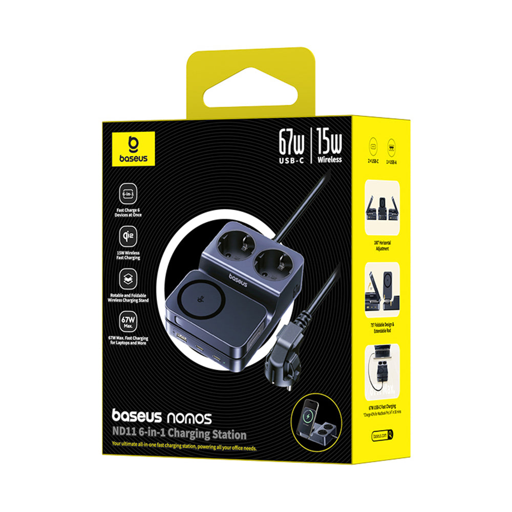 Baseus NOMOS ND11 67W 6-in-1 Wireless Charging Station with Two AC Sockets - Black