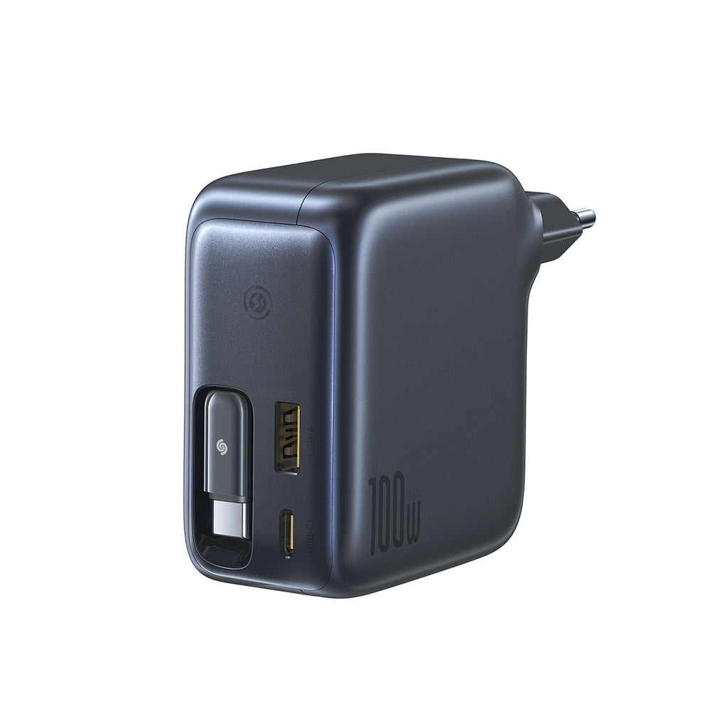 Baseus EnerCore CJ11 100W Wall Charger with USB-A and USB-C Ports and Retractable USB-C Cable - Black
