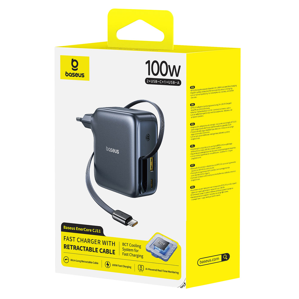 Baseus EnerCore CJ11 100W Wall Charger with USB-A and USB-C Ports and Retractable USB-C Cable - Black