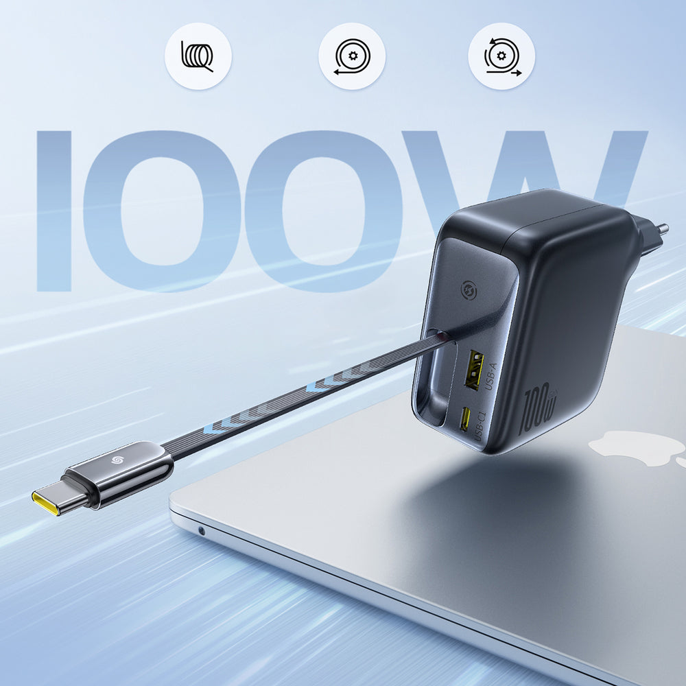 Baseus EnerCore CJ11 100W Wall Charger with USB-A and USB-C Ports and Retractable USB-C Cable - Black