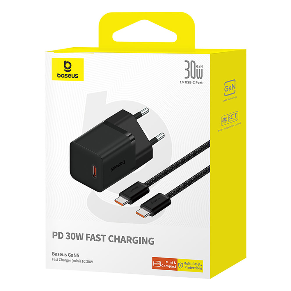 Baseus GaN5 30W Wall Charger with 100W USB-C to USB-C Cable - Black