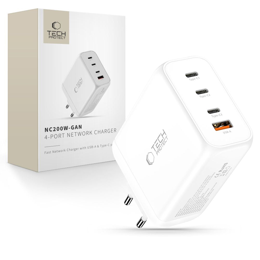 Tech-Protect NC200W-GaN 4-port 200W vægoplader - hvid