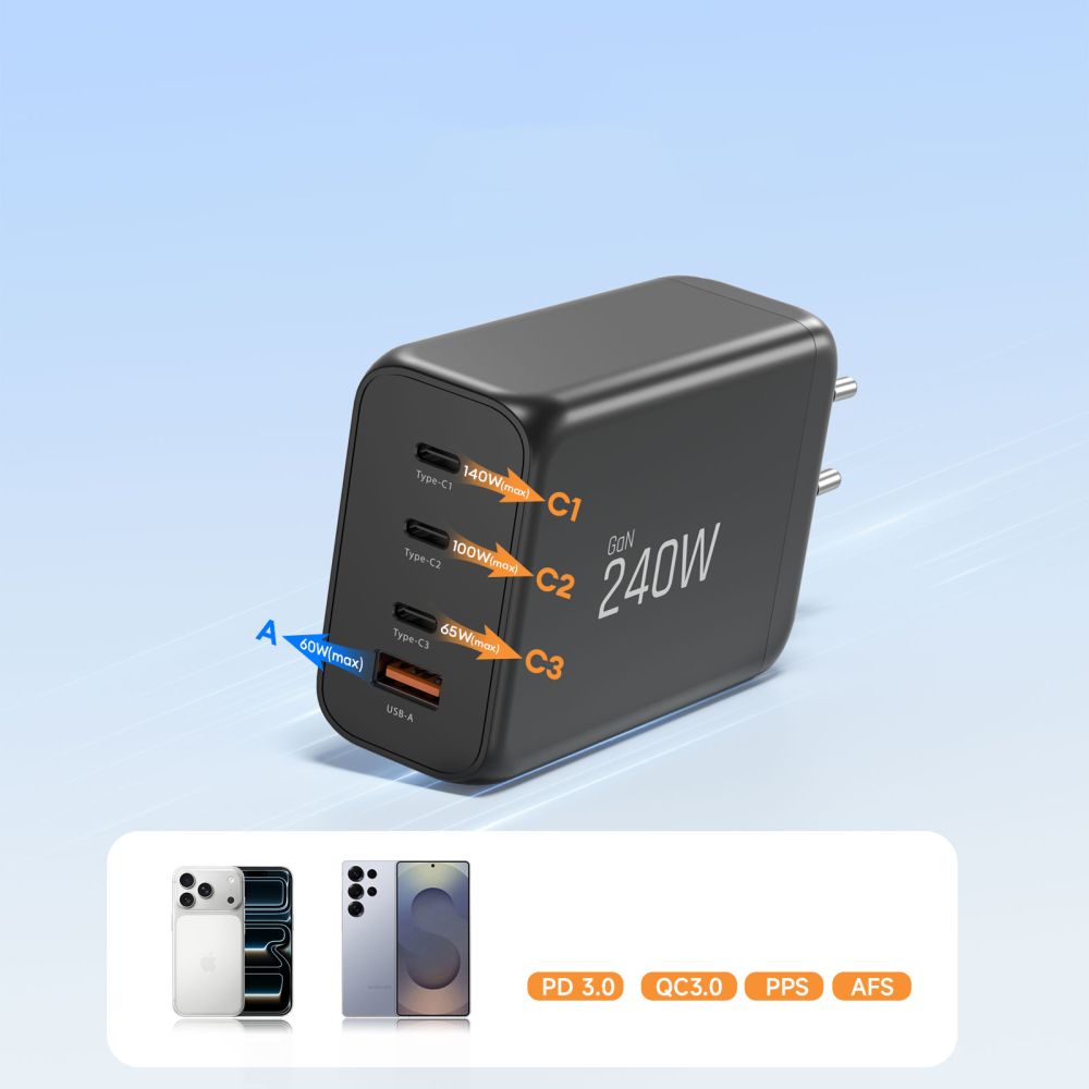 Tech-Protect NC240W-GaN 4-port 240W vægoplader - sort
