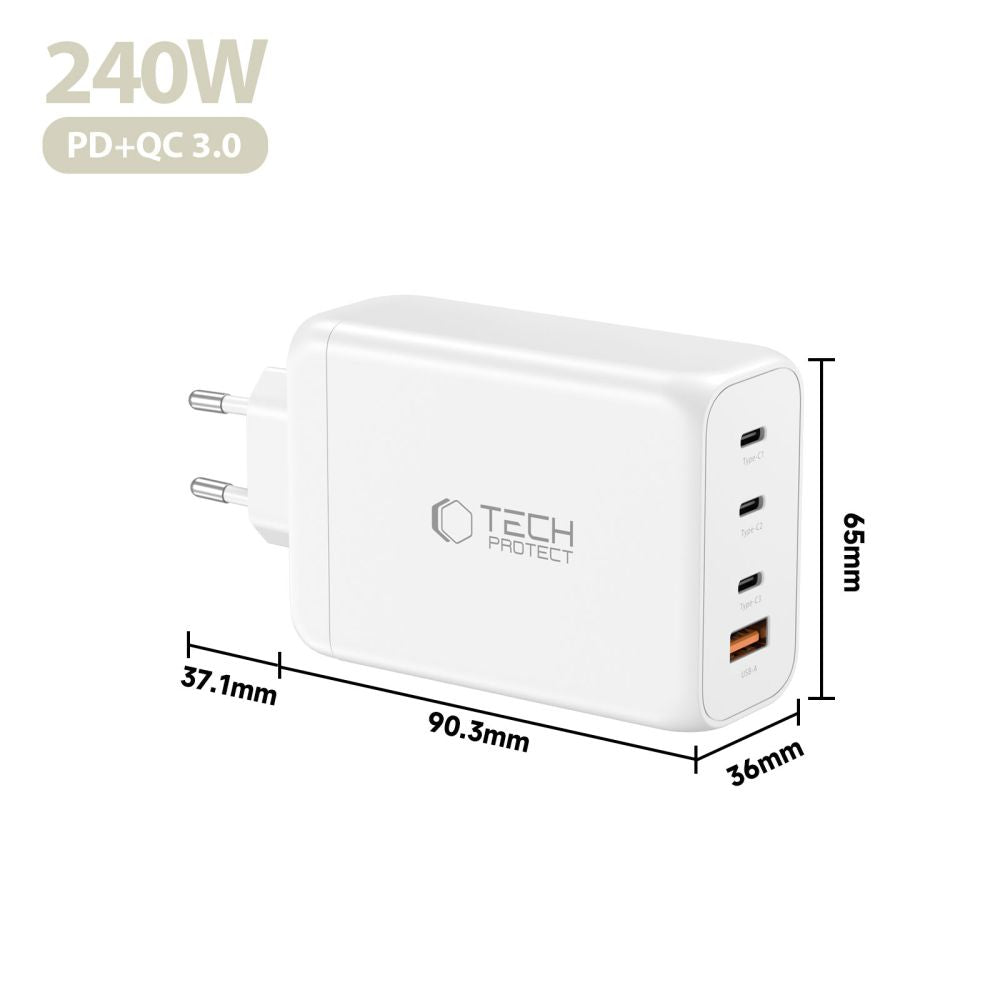 Tech-Protect NC240W-GaN 4-port 240W vægoplader - hvid