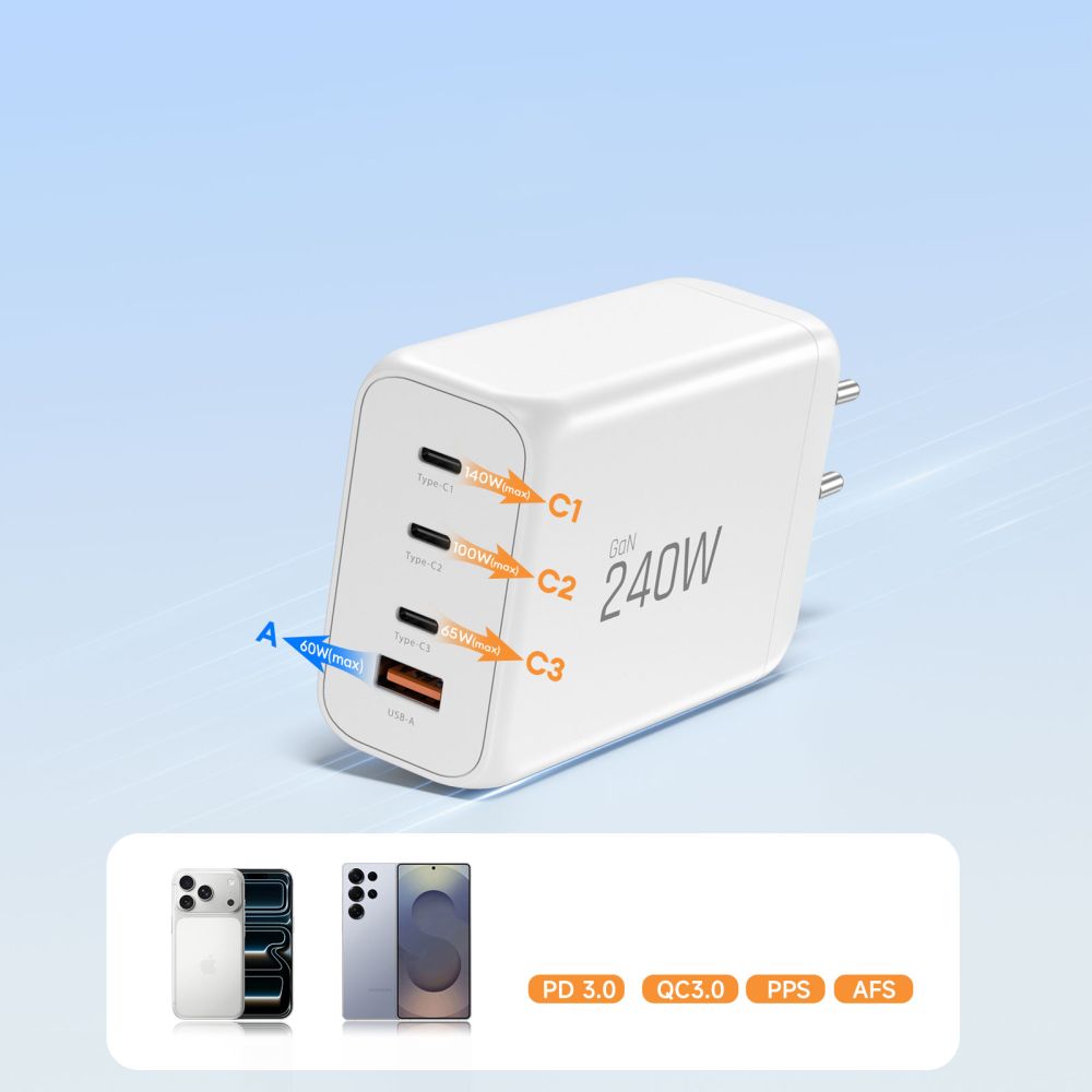 Tech-Protect NC240W-GaN 4-port 240W vægoplader - hvid