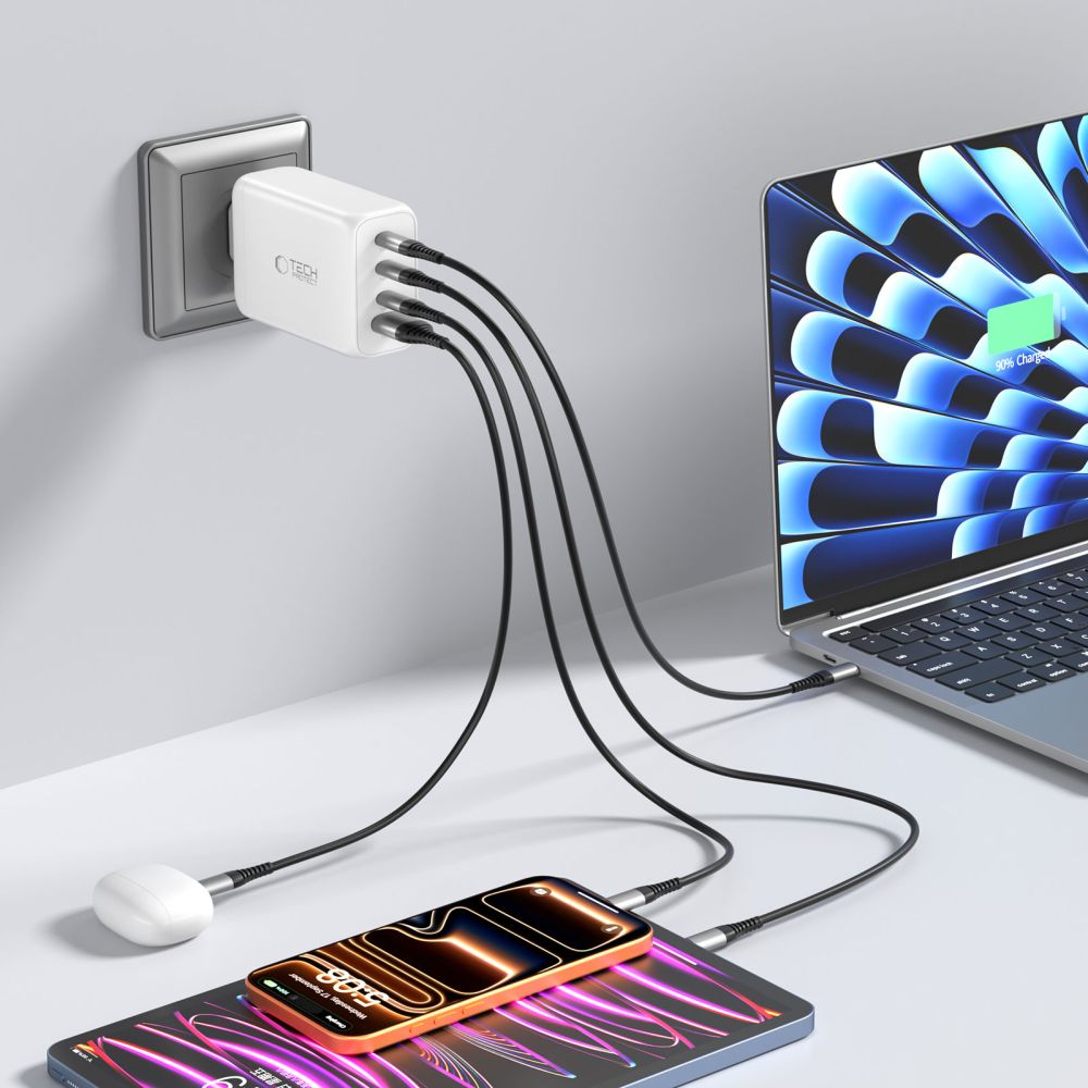 Tech-Protect NC240W-GaN 4-port 240W vægoplader - hvid