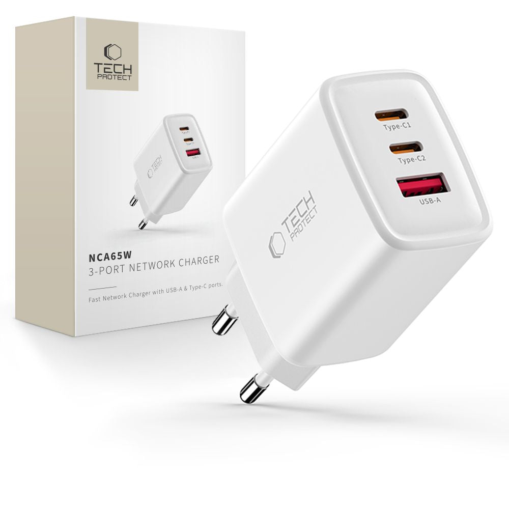 Tech-Protect NCA65W-GAN 3-port 65W vægoplader - hvid