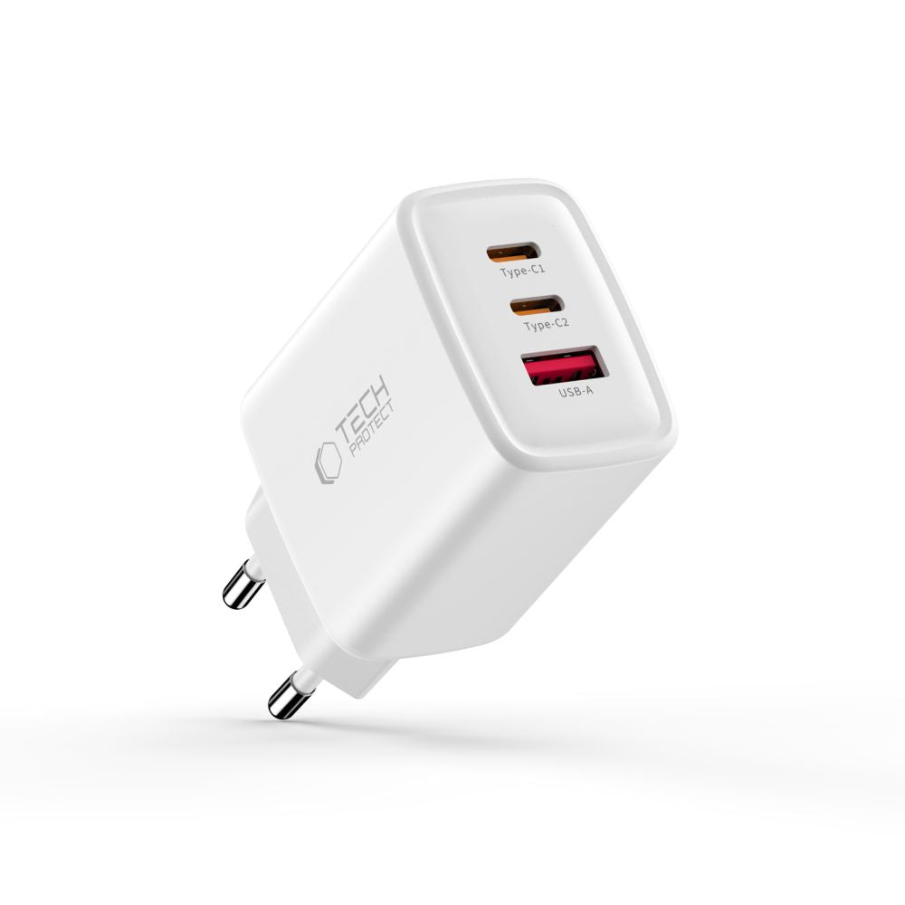 Tech-Protect NCA65W-GAN 3-port 65W vægoplader - hvid