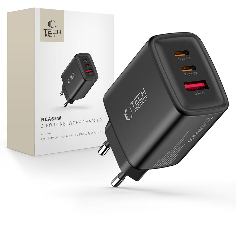 Tech-Protect NCA65W-GAN 3-Port 65W Wall Charger - sort