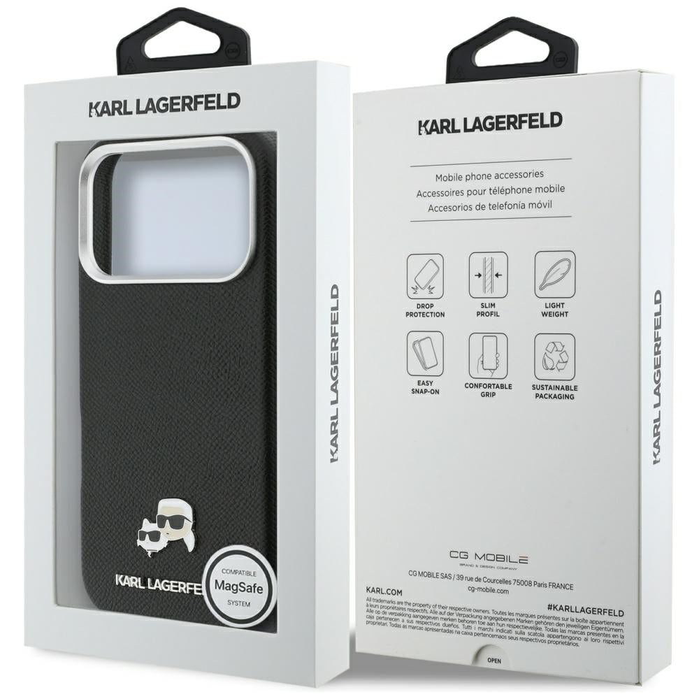 Karl Lagerfeld Karl & Choupette Head Pins Saffiano MagSafe Case for iPhone 17 Pro Max - Black