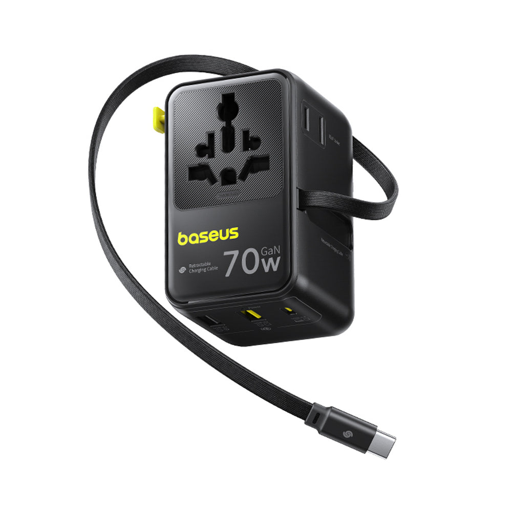 Baseus EnerCore CG11 70W 6-in-1 Travel Adapter with Retractable USB-C Cable - Black
